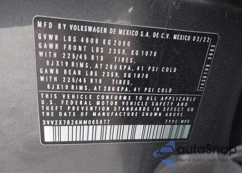 2022 Volkswagen Taos 1.5T Sel из США, поврежденный, VIN 3VV2X7B26NM065677